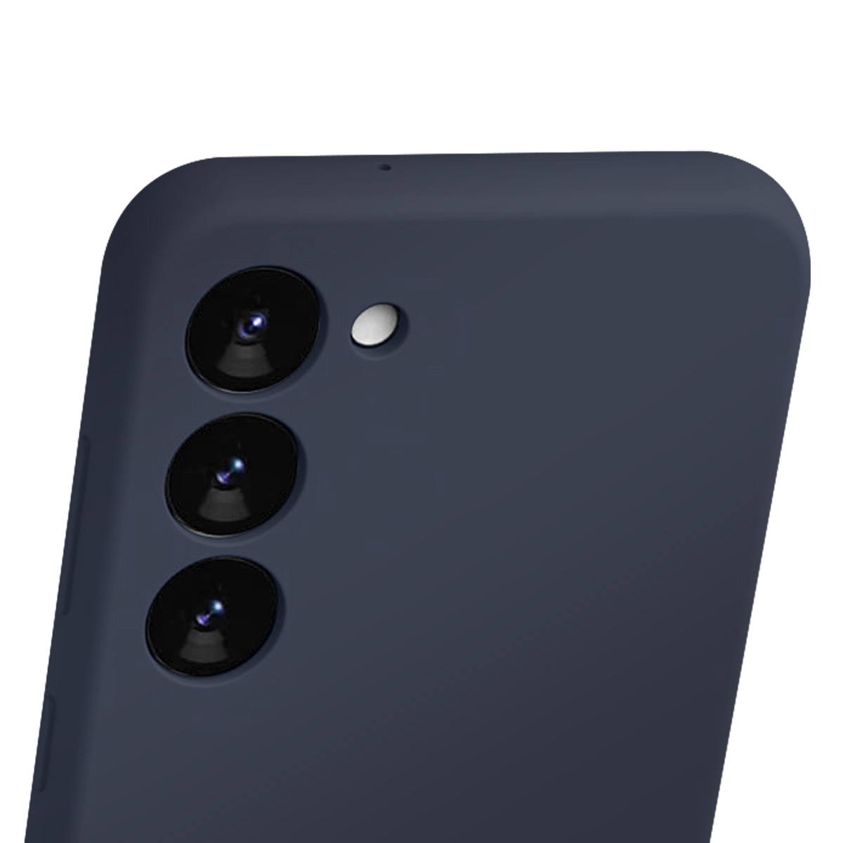 Primo piano del retro di un telefono blu scuro. Tre obiettivi e un flash sono visibili, su sfondo bianco.