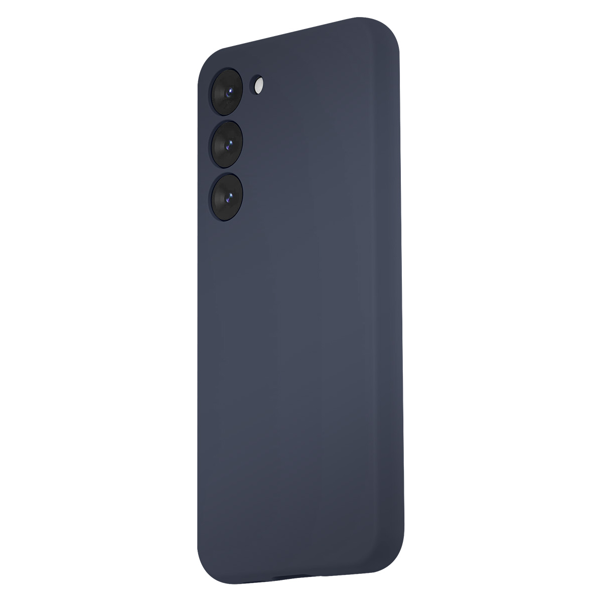 Una custodia per telefono blu navy. Presenta tre lenti della fotocamera impilate verticalmente in alto a sinistra e un piccolo sensore di luce.