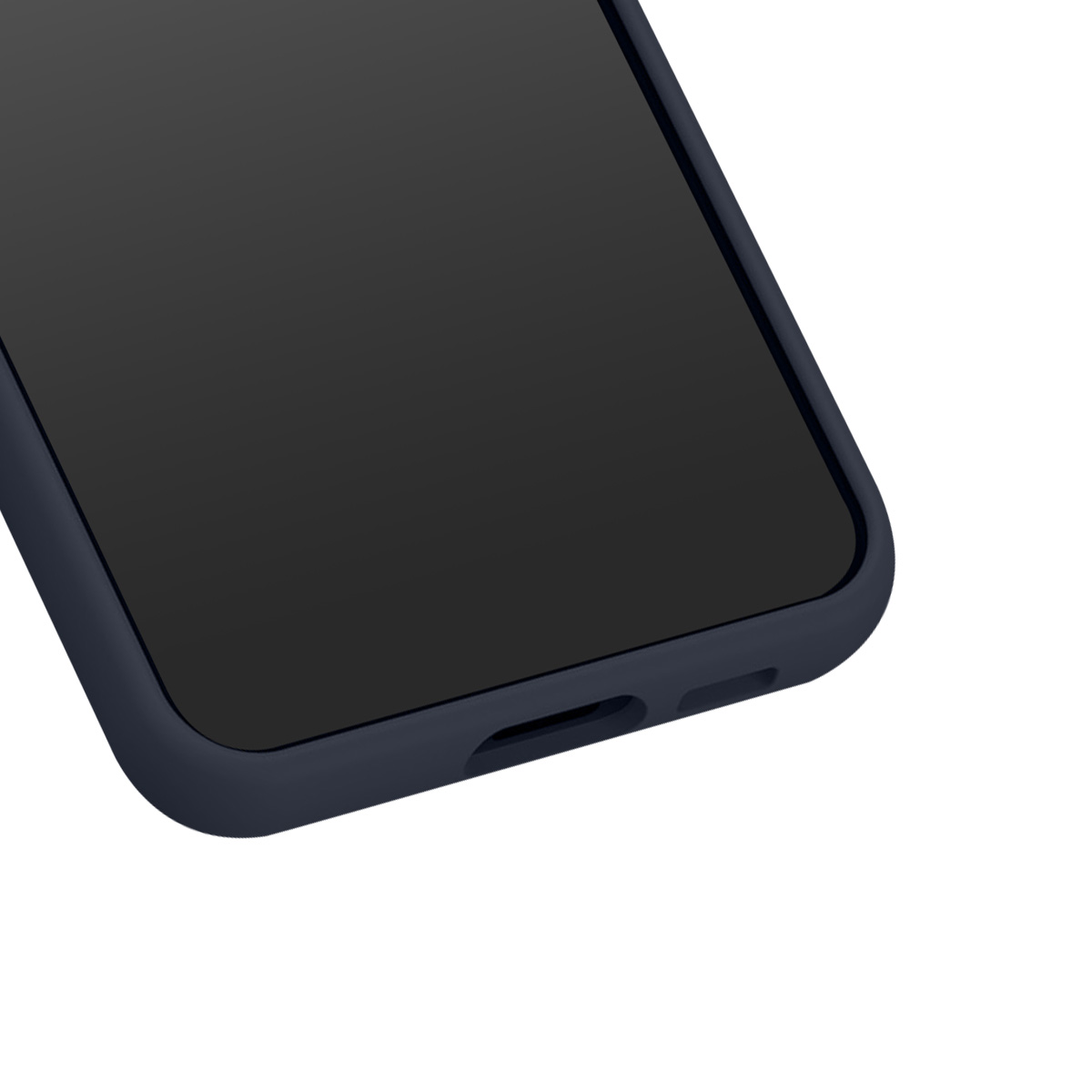 Primo piano di uno smartphone in una custodia blu scuro. Lo schermo è nero. Il bordo inferiore mostra una porta di ricarica e fori per l'altoparlante.