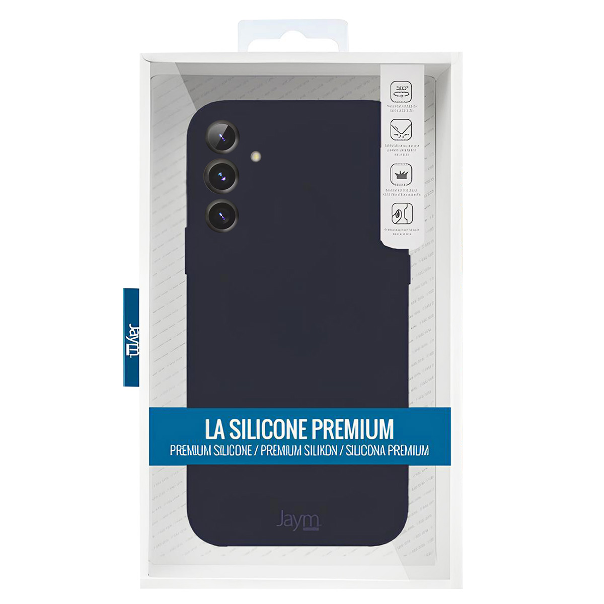 Custodia per telefono blu scuro in una scatola. Testo: LA SILICONE PREMIUM. Marchio: Jaym. Caratteristiche a destra.