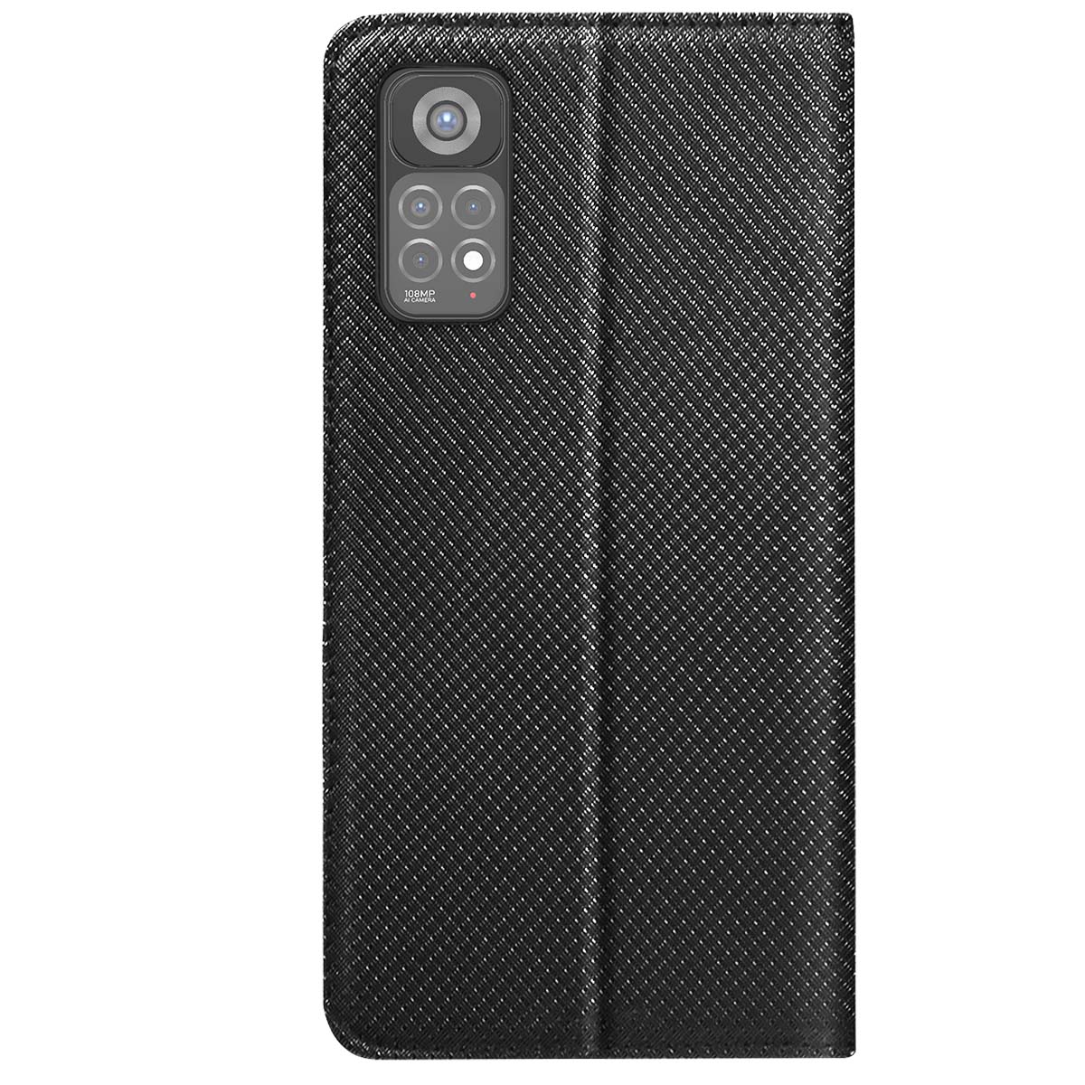 Custodia per telefono nera con superficie strutturata. Ha un modulo fotocamera con lenti. Chiusa, sembra un portafoglio.
