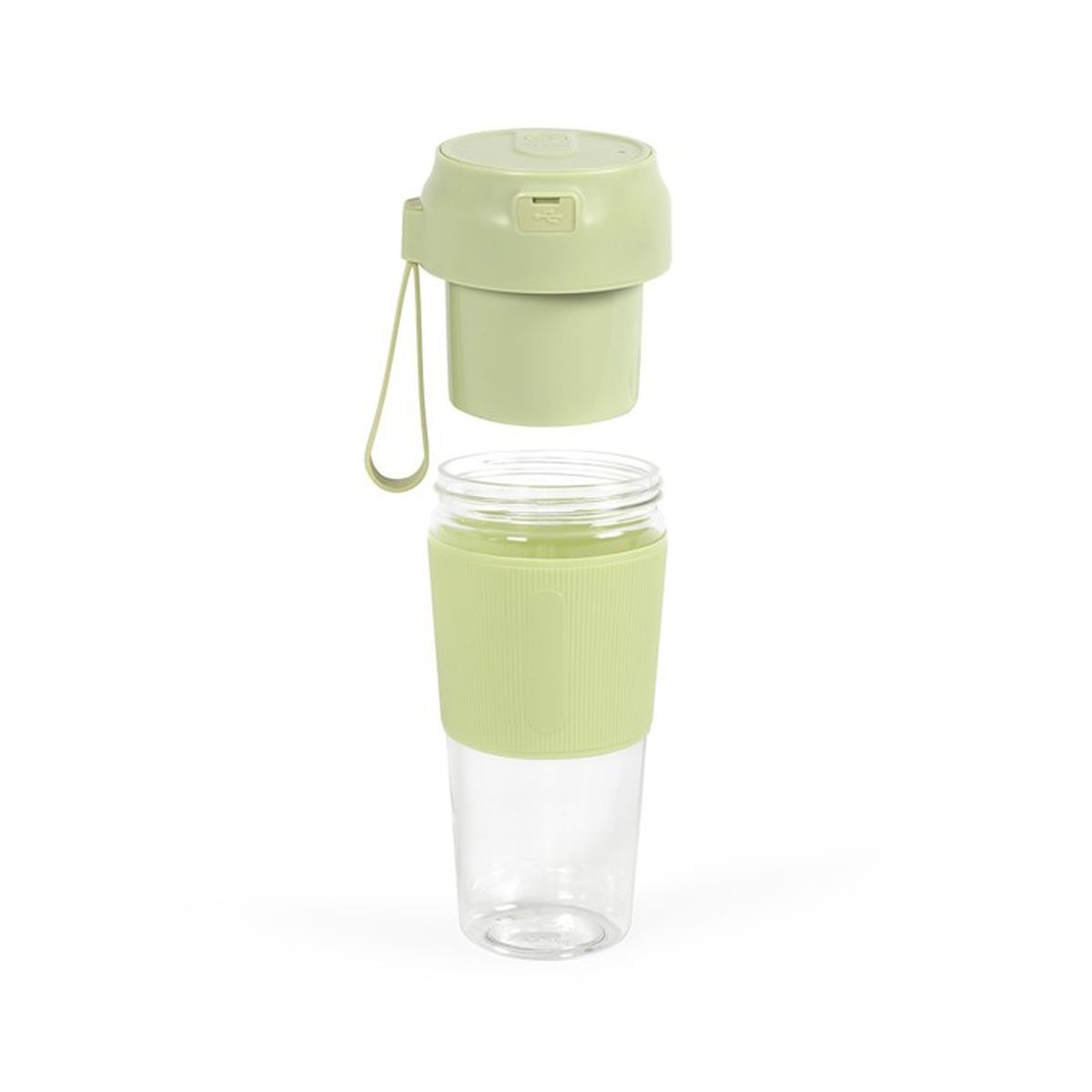 Ein zerlegter, hellgrüner Mixer. Oberteil hat Griff und Knopf. Unterteil ist ein klarer Becher mit grünem Griff.