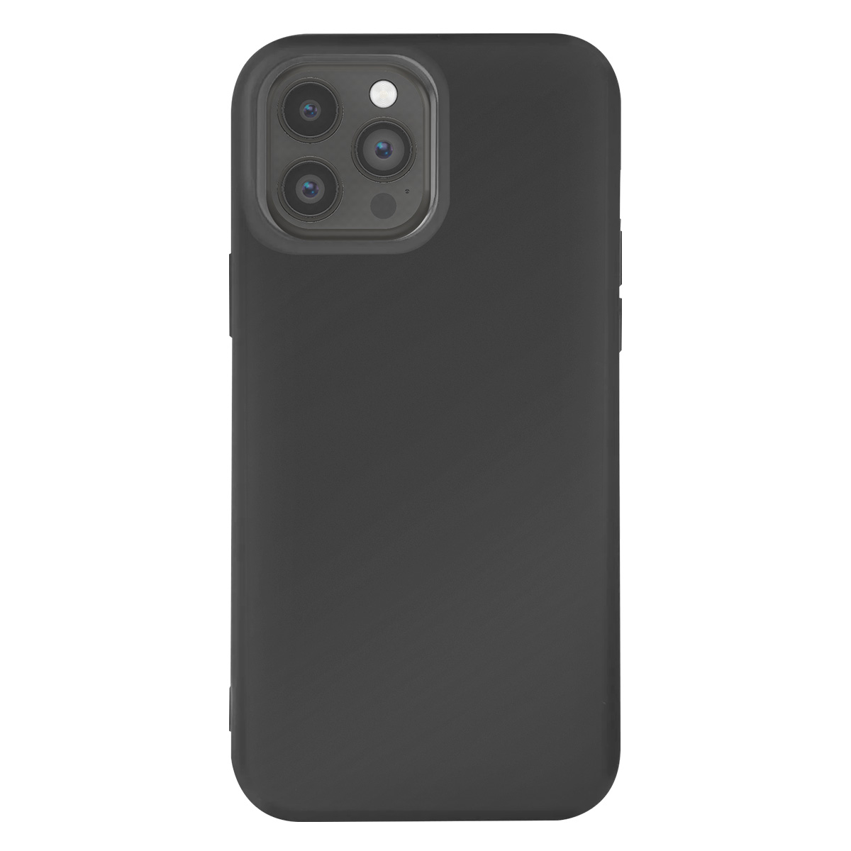 Una custodia nera per telefono con una fotocamera a tripla lente. La custodia è liscia e lo sfondo è bianco.