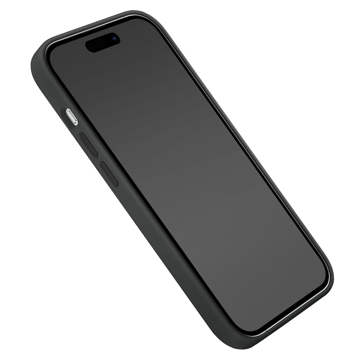 Uno smartphone nero in una custodia nera è leggermente angolato. Lo schermo è nero e sono visibili bordi e pulsanti.