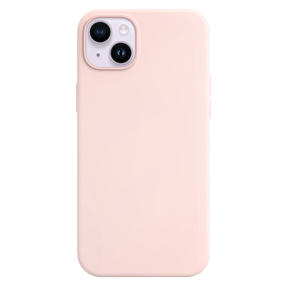 Una custodia per iPhone rosa chiaro con due lenti della fotocamera e un flash è mostrata su sfondo bianco.