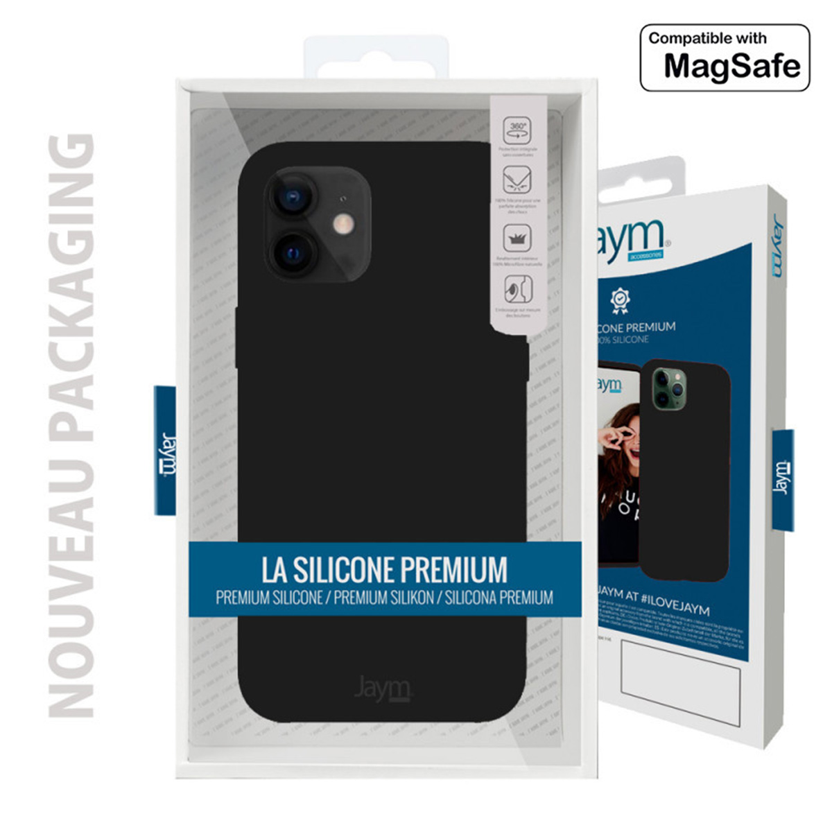 Una custodia per telefono nella confezione. La custodia è nera, con la scritta 'LA SILICONE PREMIUM' sulla confezione. Il marchio è Jaym.