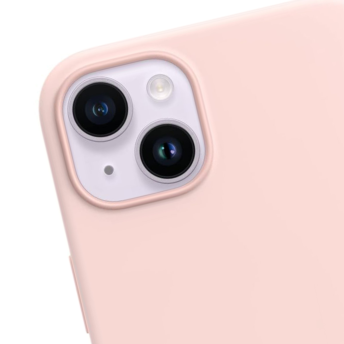 Primo piano di una custodia rosa per telefono. Sono visibili due obiettivi della fotocamera e un flash. Lo sfondo è la superficie del telefono.
