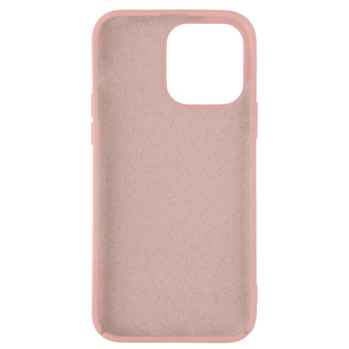 Una custodia per telefono rosa, con un ritaglio per la fotocamera e rientranze per i pulsanti. La custodia ha una superficie morbida e strutturata.