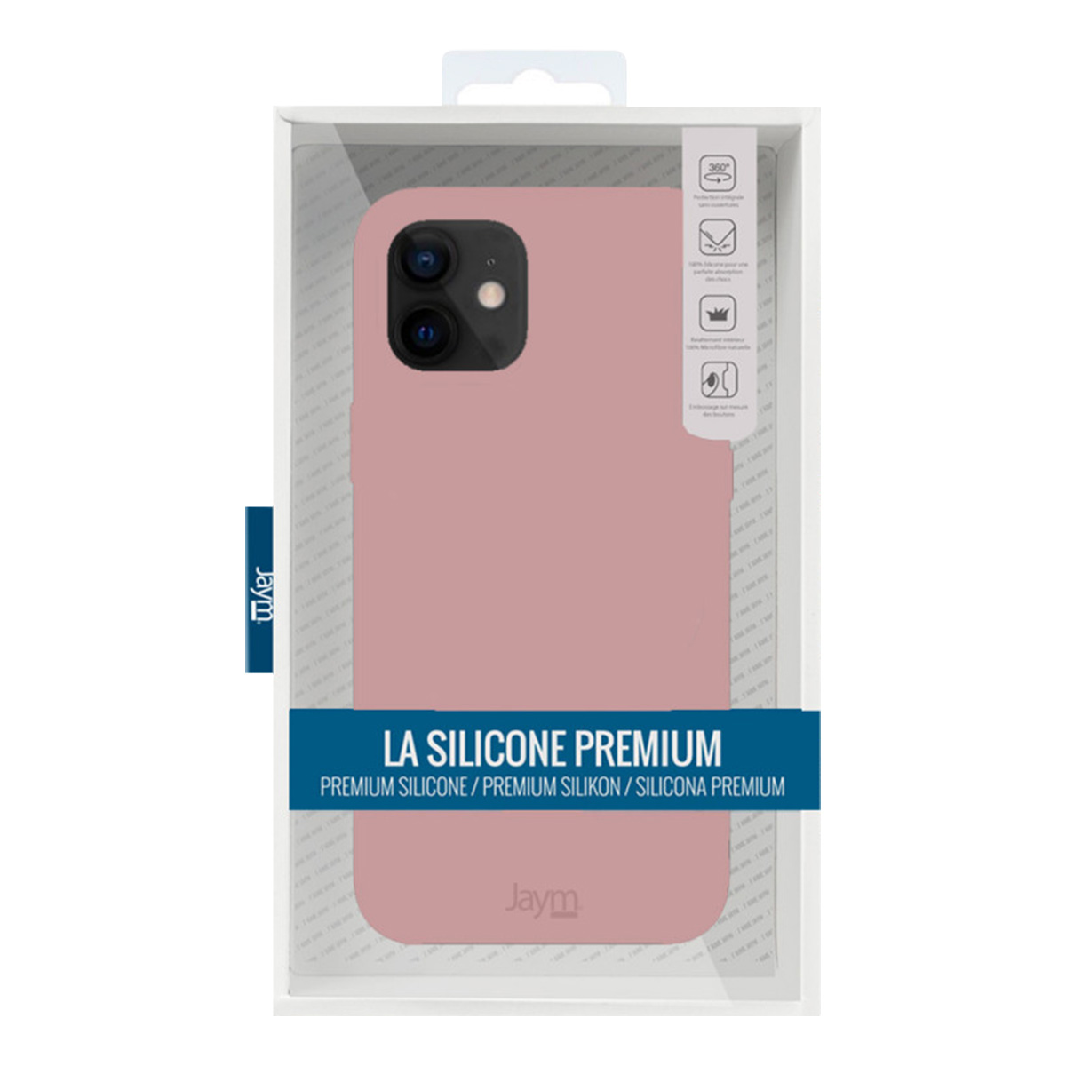 Una custodia rosa per telefono in una scatola di plastica trasparente. La scatola riporta la scritta "LA SILICONE PREMIUM" e "Jaym".