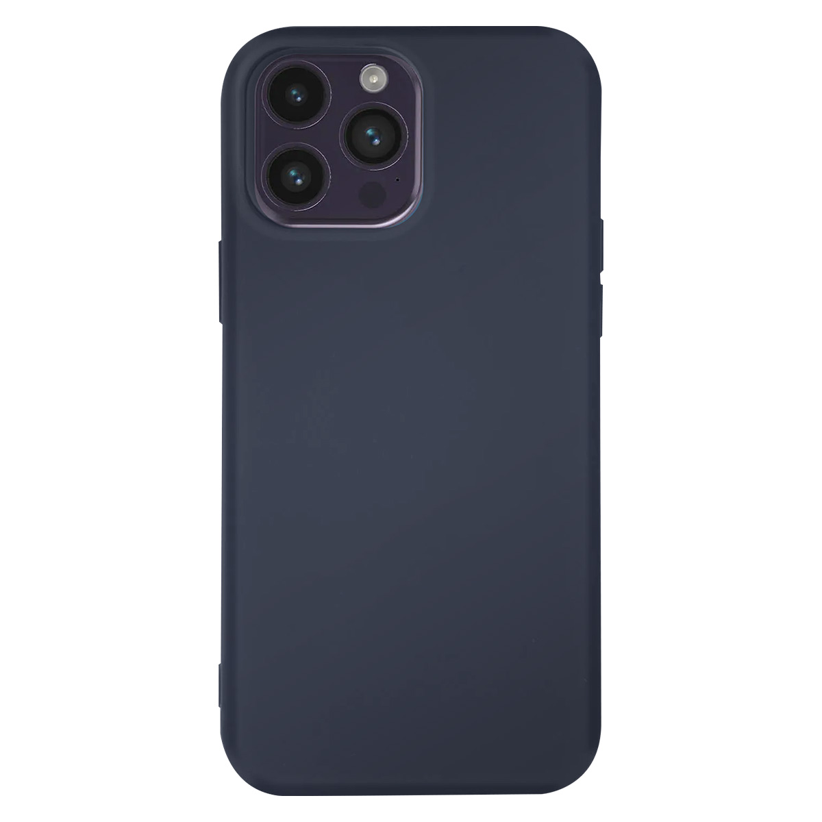 Custodia per telefono blu scuro. Sono visibili tre obiettivi della fotocamera. La custodia è liscia e ha angoli arrotondati. Sfondo bianco.