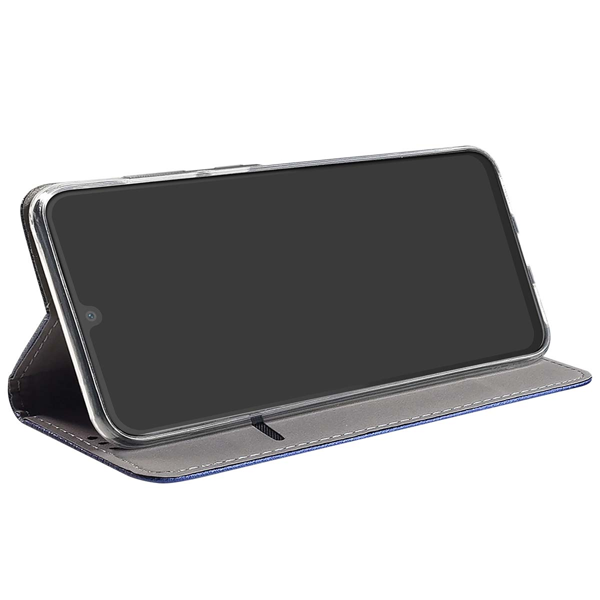 Uno smartphone in una custodia blu e grigia, visualizzato in diagonale. Lo schermo è nero.