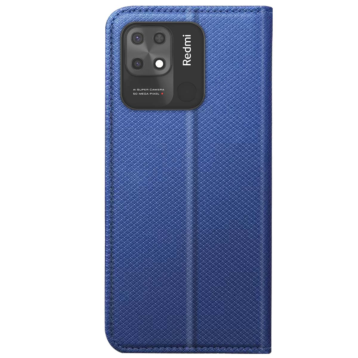 Una custodia blu per telefono con il logo Redmi. La custodia ha una superficie strutturata e un ritaglio per la fotocamera con le parole 'AI SUPER CAMERA 50 MEGA PIXEL'.