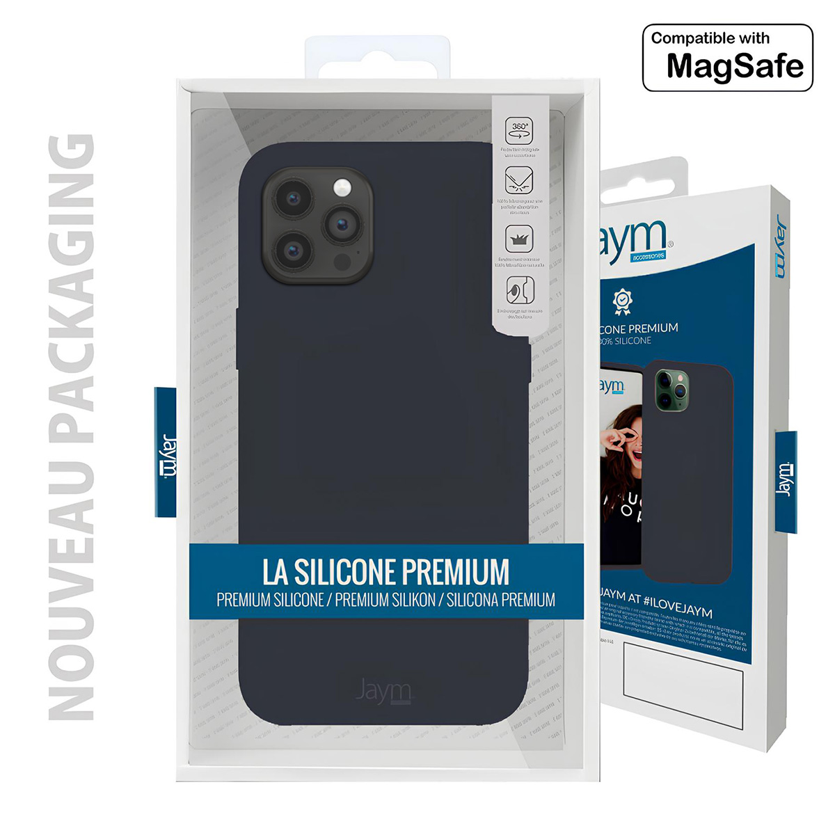 Una custodia per telefono nella sua confezione. La custodia è blu scuro. La confezione evidenzia 'La Silicone Premium' e 'MagSafe'.