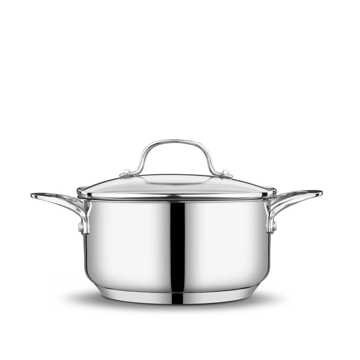 Een glanzende roestvrijstalen pot met een glazen deksel en twee handvatten, tegen een witte achtergrond.