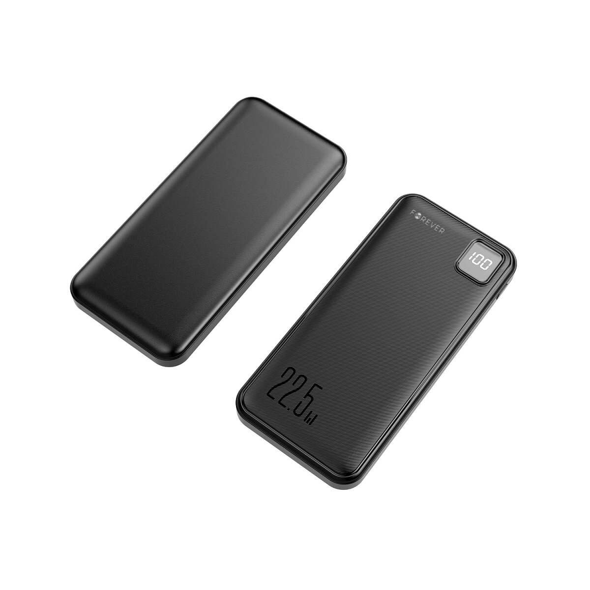 Zwei schwarze Powerbanks auf weißem Hintergrund. Eine zeigt 100 % Ladung, die andere hat 22,5 W aufgedruckt. Die Marke ist FOREVER.