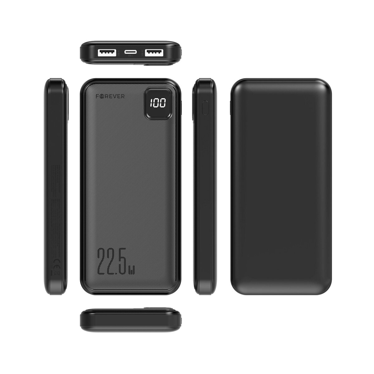 Schwarze Powerbank, verschiedene Ansichten. Mit Anschlüssen, Digitalanzeige mit 100% und dem Text '22,5W'. Die Marke ist 'FOREVER'.