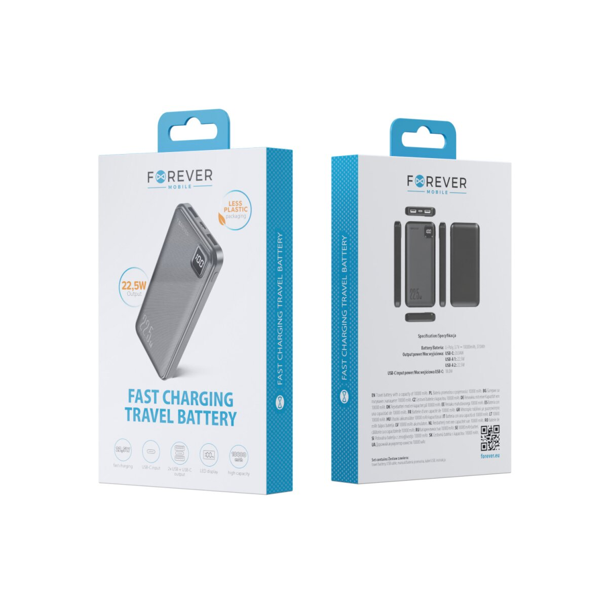 Zwei Boxen mit Powerbanks. Eine zeigt das Produkt, die andere Spezifikationen. Text: 'FAST CHARGING TRAVEL BATTERY'.