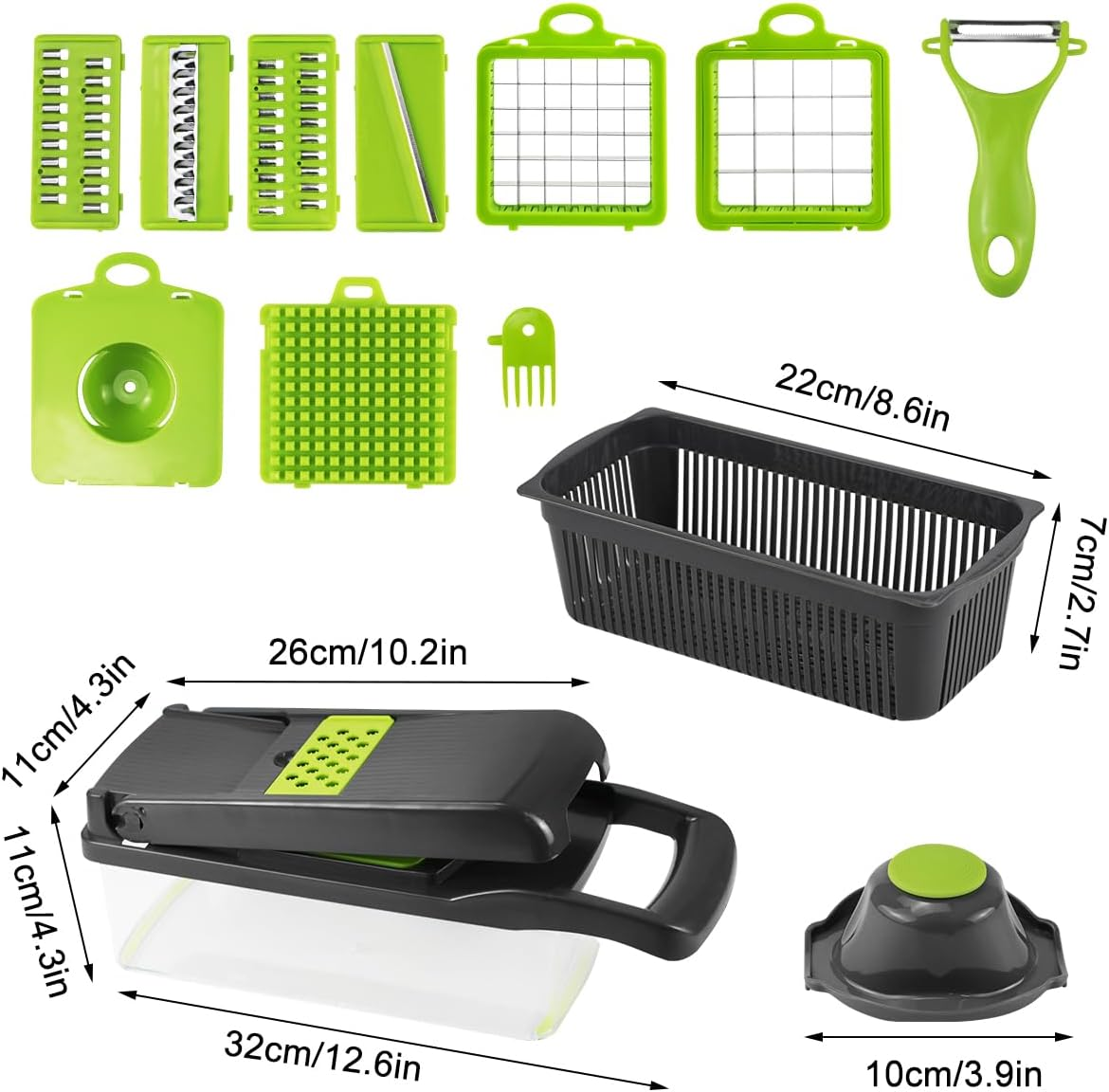 Eine Sammlung grüner und schwarzer Küchenwerkzeuge. Enthält Slicer, einen Schäler, einen Behälter und einen Chopper mit Maßen.