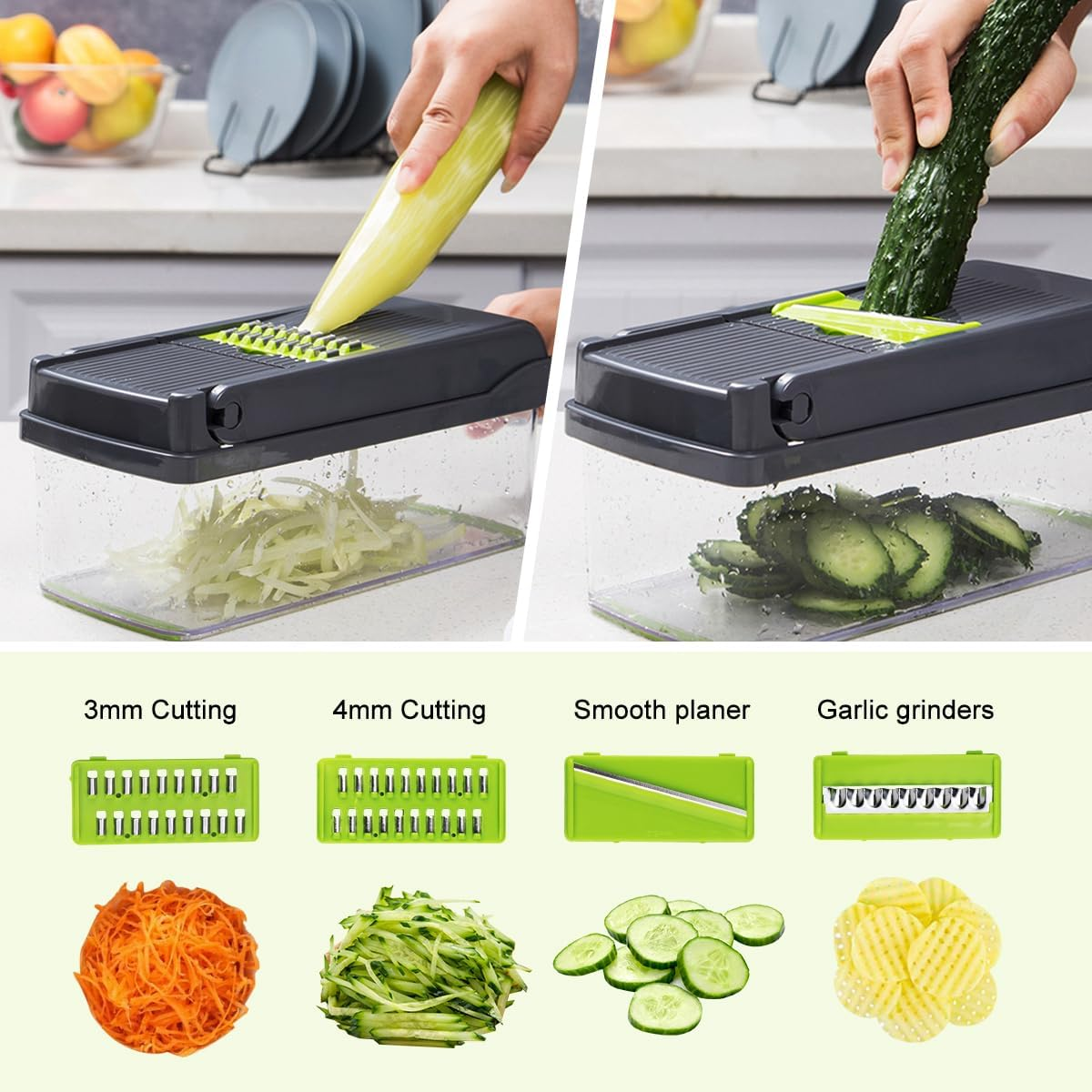 Ein Gemüseschneider, mit einer Hand, die eine Gurke und Zucchini schneidet. Unten sind Bilder von verschiedenen Schneideoptionen und geschnittenem Gemüse.
