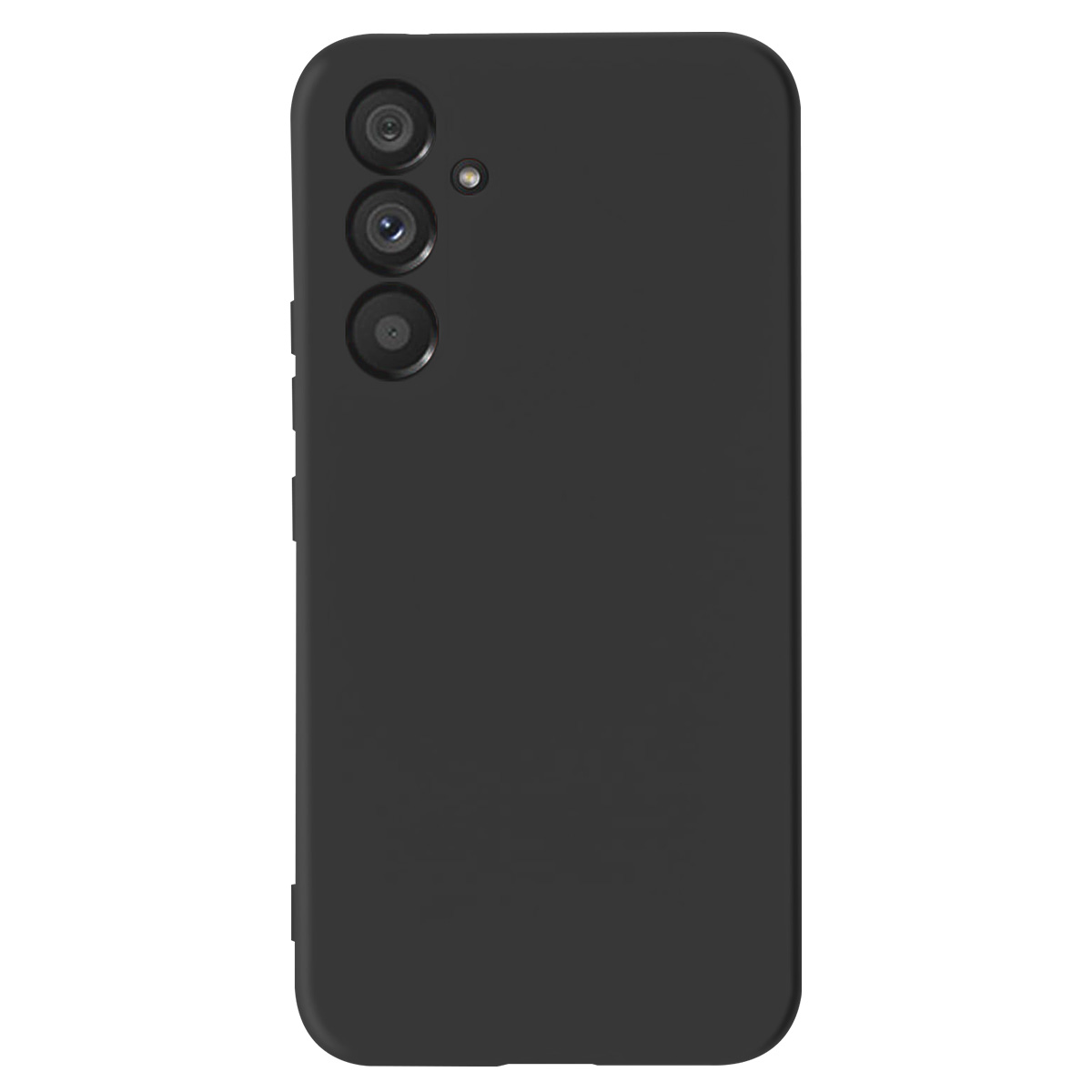 Retro di smartphone nero con tre obiettivi e flash. La custodia è liscia e opaca.