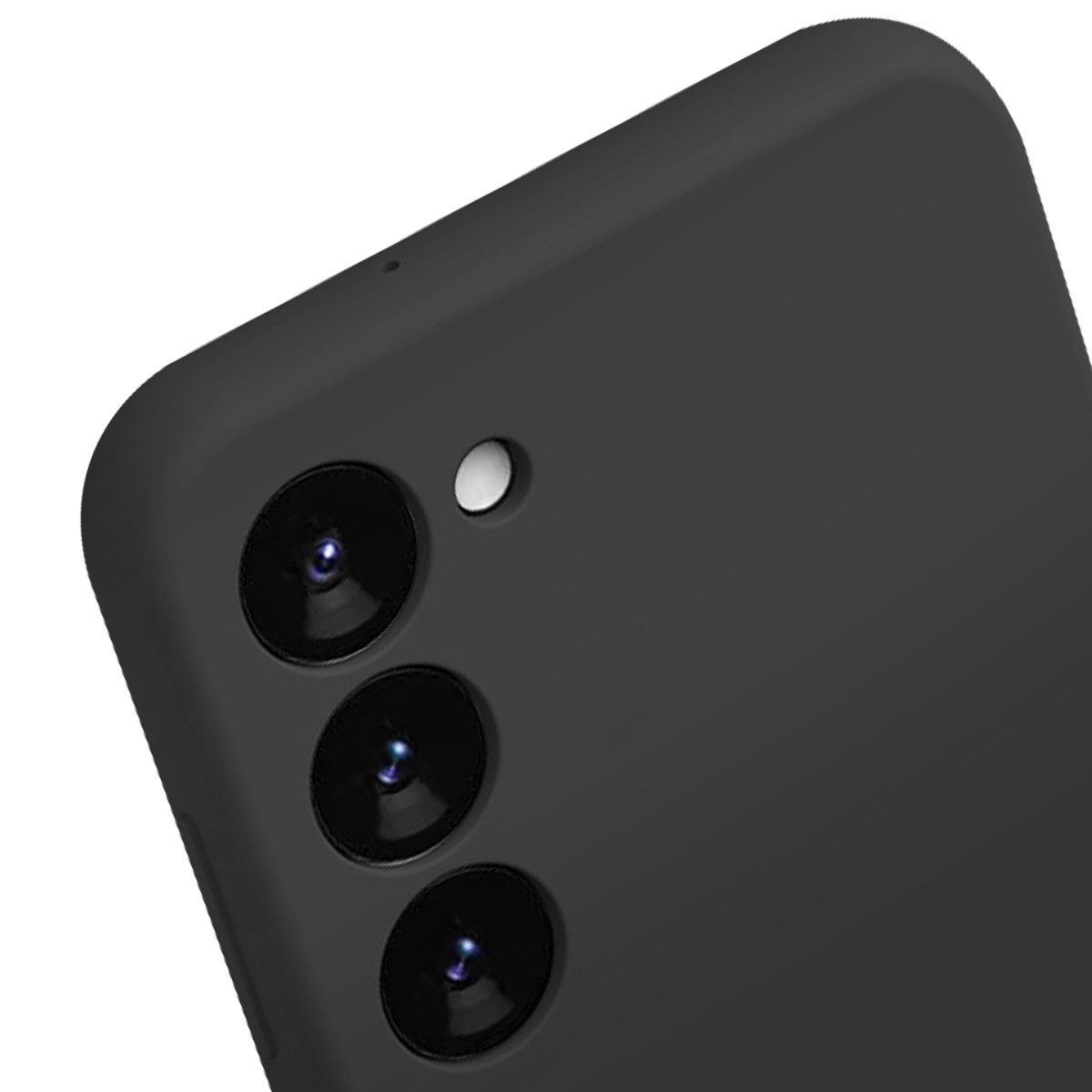 Primo piano del modulo fotocamera di uno smartphone nero. Sono visibili tre obiettivi e un flash. Lo sfondo è bianco.
