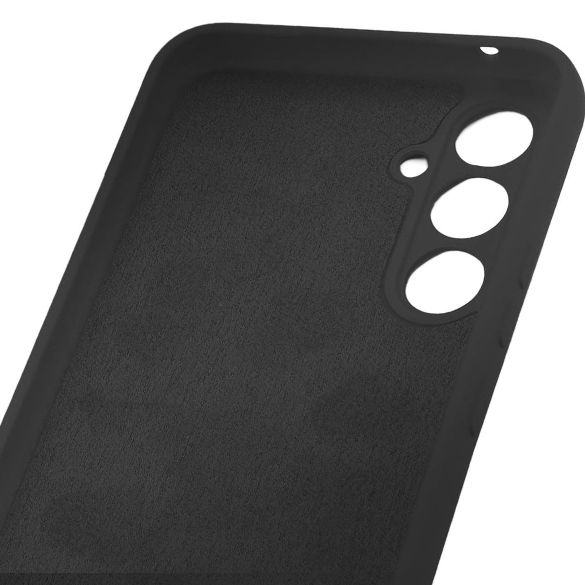 Una cover nera con tre fori circolari e superficie ruvida su sfondo bianco.