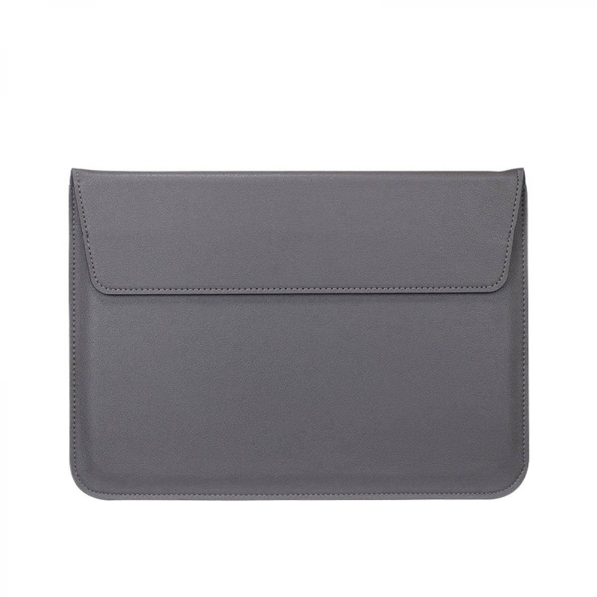 Eine rechteckige, graue Laptop-Hülle aus Leder mit Klappe. Die Hülle ist schlicht und sauber, mit sauberer Naht um die Kanten.