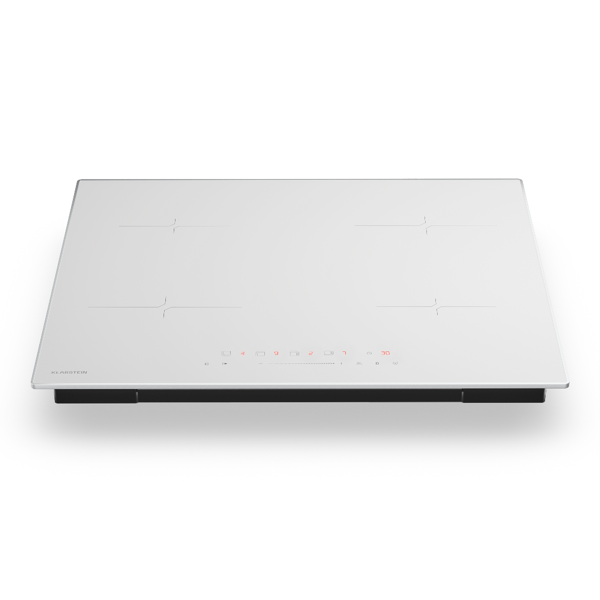 Una placa de inducción Klarstein blanca. Tiene cuatro quemadores, una base negra y un panel de control con números y símbolos rojos.