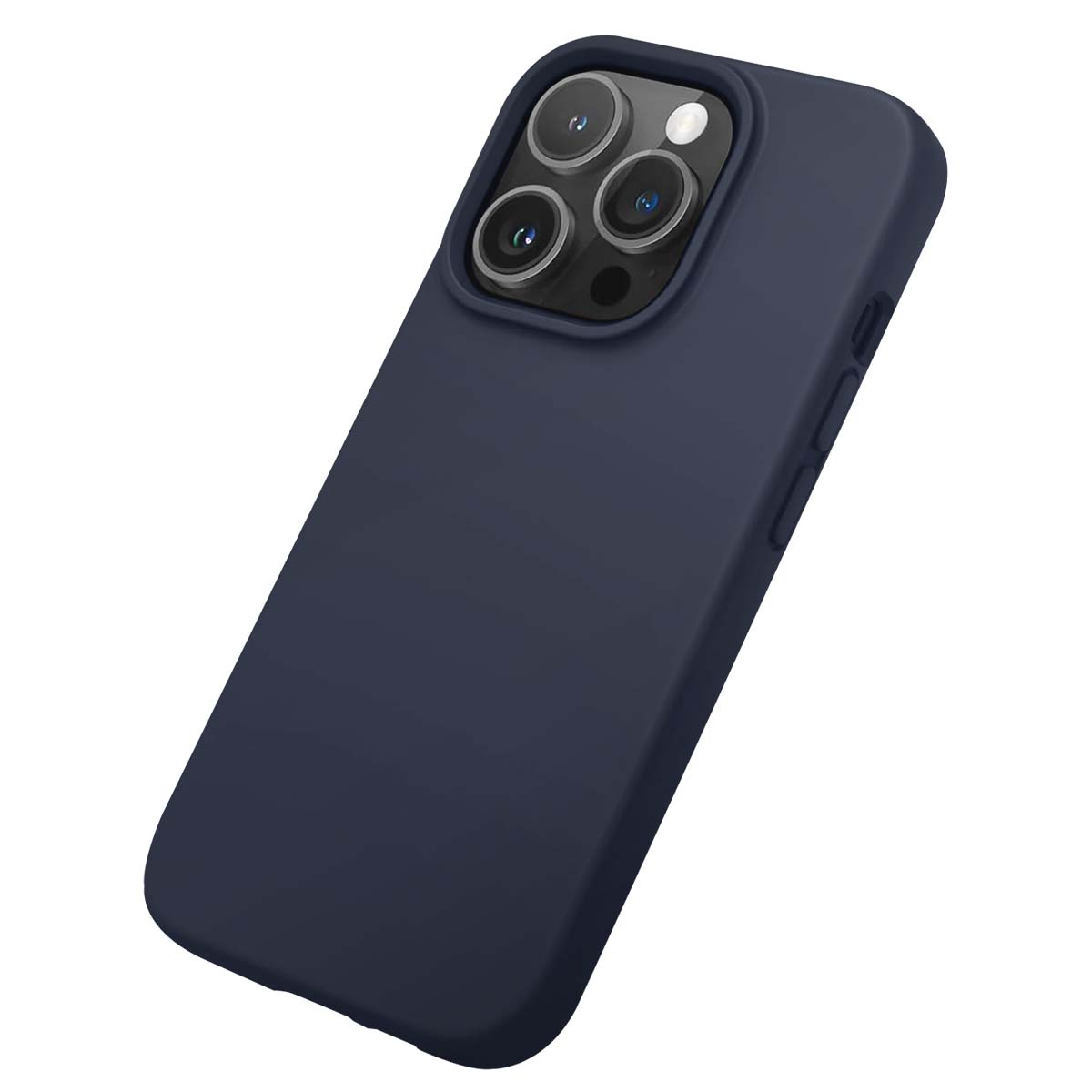 Una custodia per telefono blu scuro, leggermente angolata. Le lenti della fotocamera e i pulsanti sono visibili. La custodia copre il telefono.