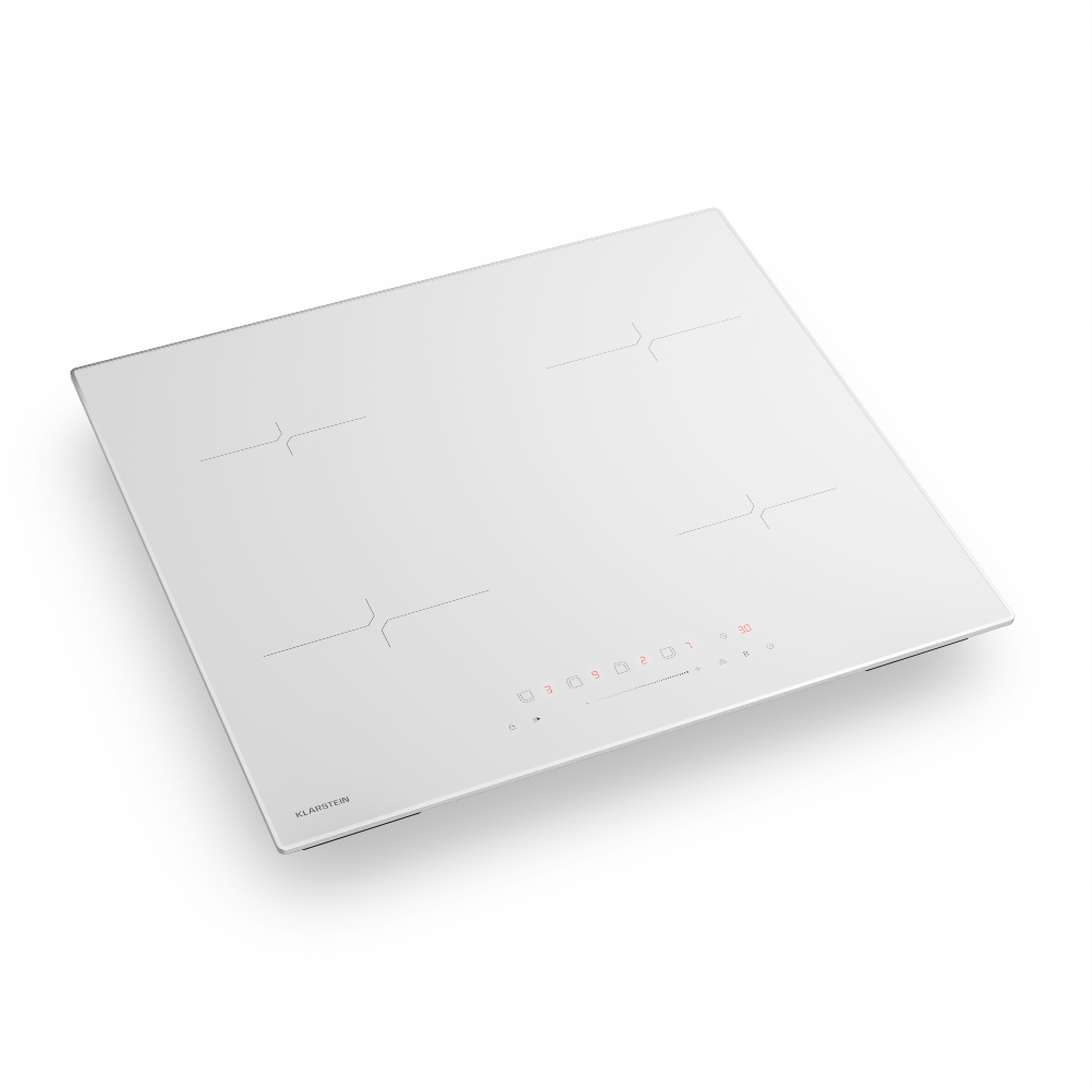 Una placa de inducción Klarstein blanca con cuatro quemadores y pantalla digital roja. La placa está sobre un fondo blanco.