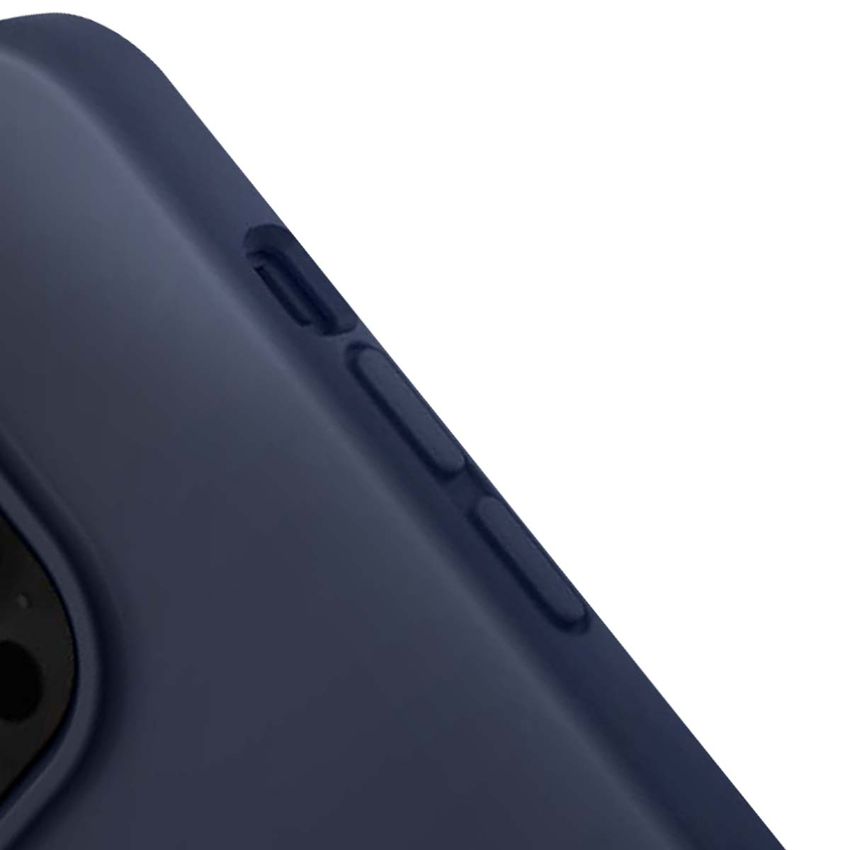 Primo piano di un telefono blu scuro. Visibili i pulsanti laterali e parte dell'obiettivo della fotocamera. Sfondo bianco.