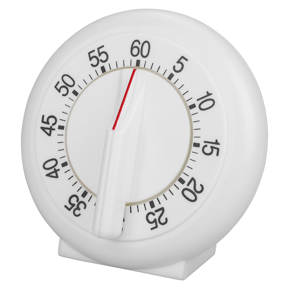 Ein weißer Küchentimer mit einer Zifferblattanzeige. Der rote Zeiger zeigt auf 60 Minuten. Der Timer steht auf einer weißen Oberfläche.