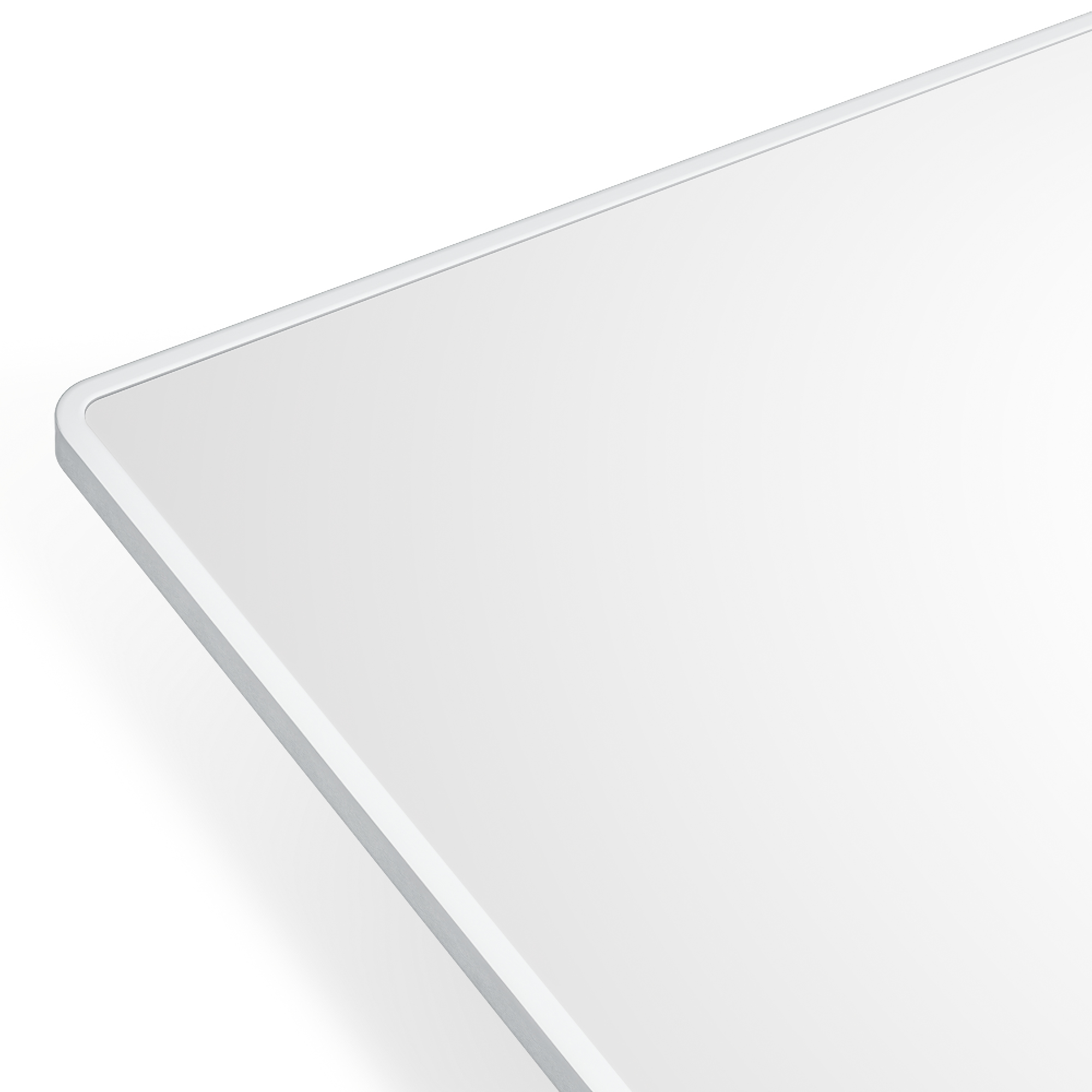 Objeto rectangular blanco con esquinas redondeadas, enmarcado en blanco. El fondo es blanco.