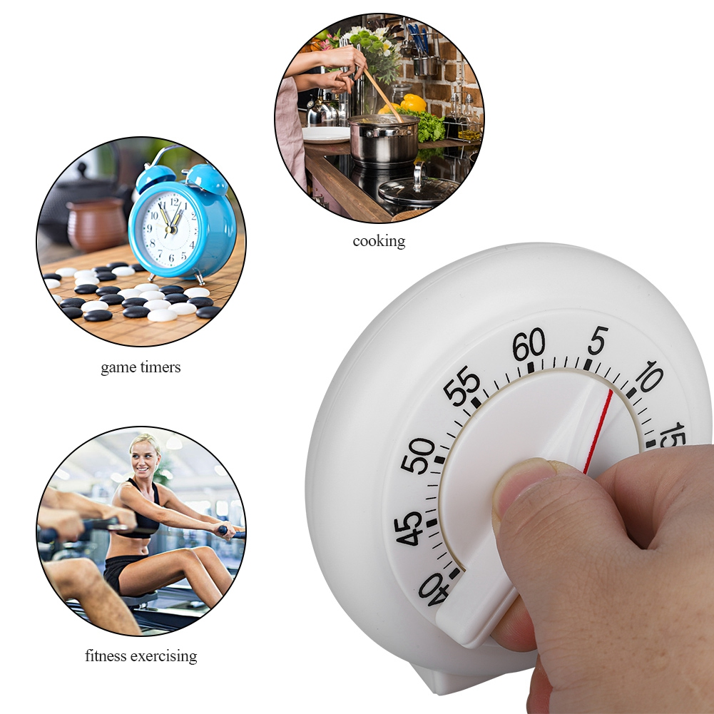 Ein weißer Küchentimer wird gedreht. Insets zeigen eine Uhr, Kochen und Bewegung.