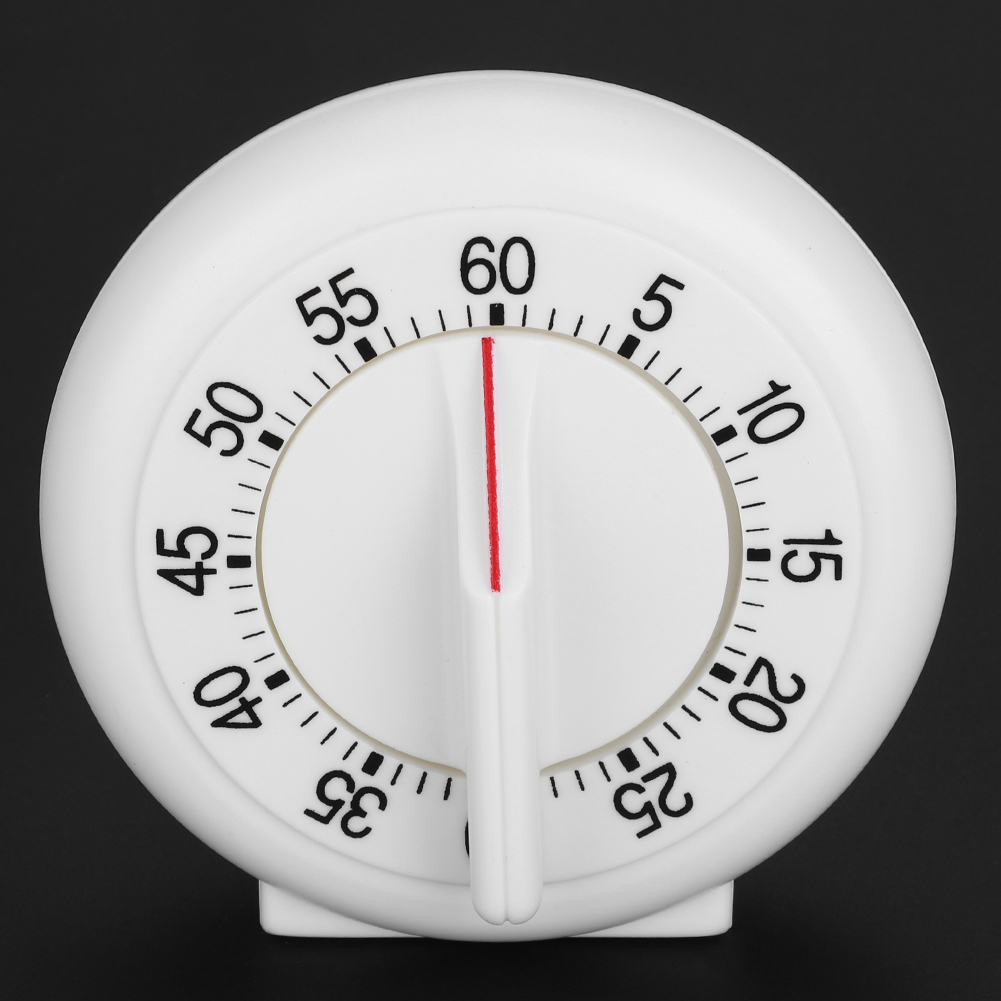 Weißer Timer mit roter Linie, die null Minuten anzeigt. Die Zahlen sind schwarz, mit weißem Zifferblatt und Gehäuse, auf schwarzem Hintergrund.