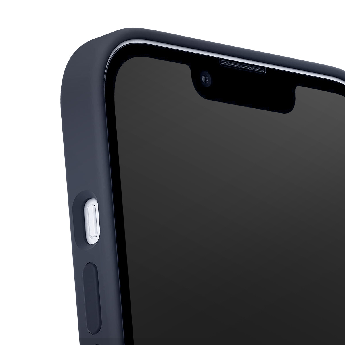 Primo piano di uno smartphone in una custodia blu scuro. Lo schermo è nero. Un pulsante bianco è visibile.