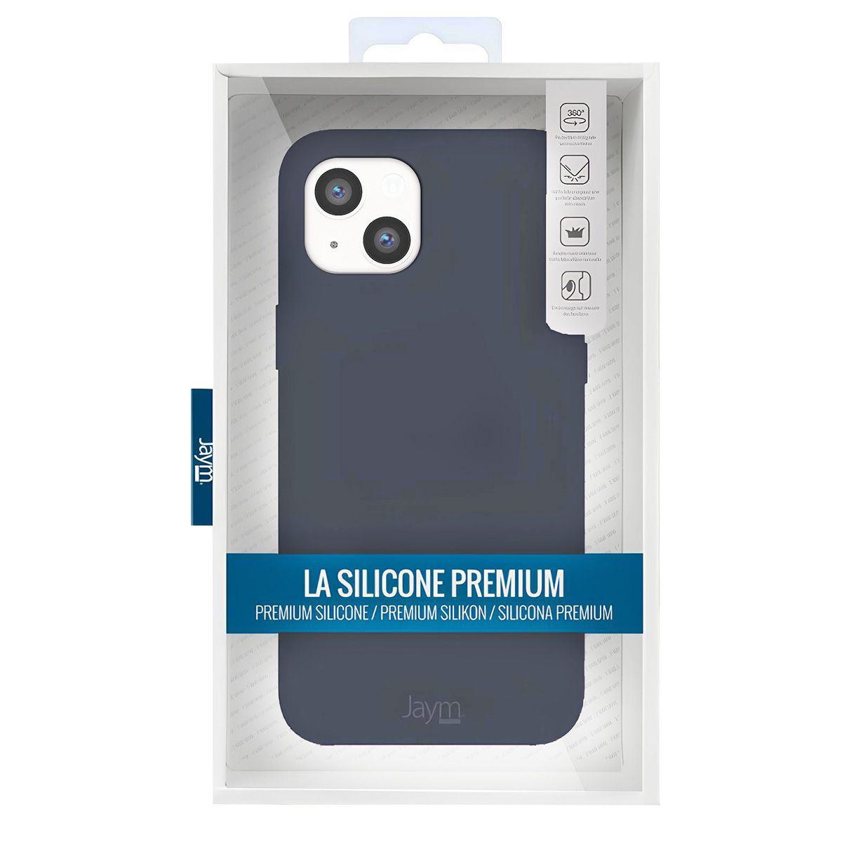 Una custodia per telefono blu scuro in una scatola bianca. Dice 'LA SILICONE PREMIUM' e 'Jaym'.