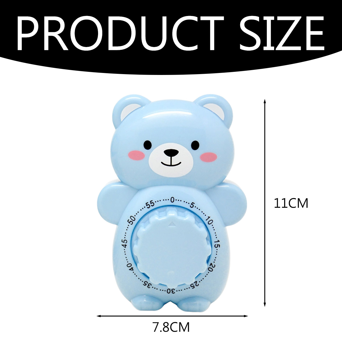 Ein blauer, bärenförmiger Küchentimer. Der Timer hat ein Drehfeld mit Zahlen und rosa Wangen. Er ist 11 cm hoch und 7,8 cm breit.