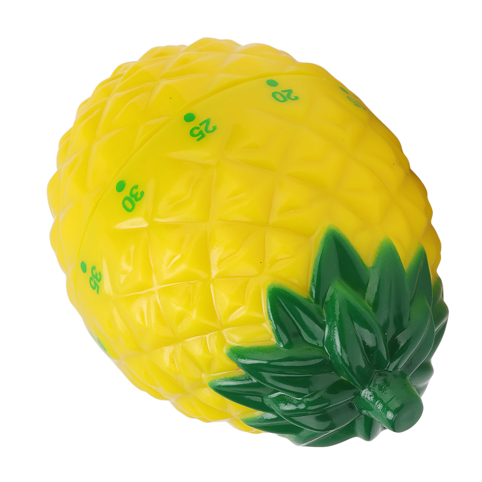 Ein gelber Ananas-Timer mit grünen Blättern und den Zahlen 20, 25, 30 und 35. Er ist vor weißem Hintergrund isoliert.