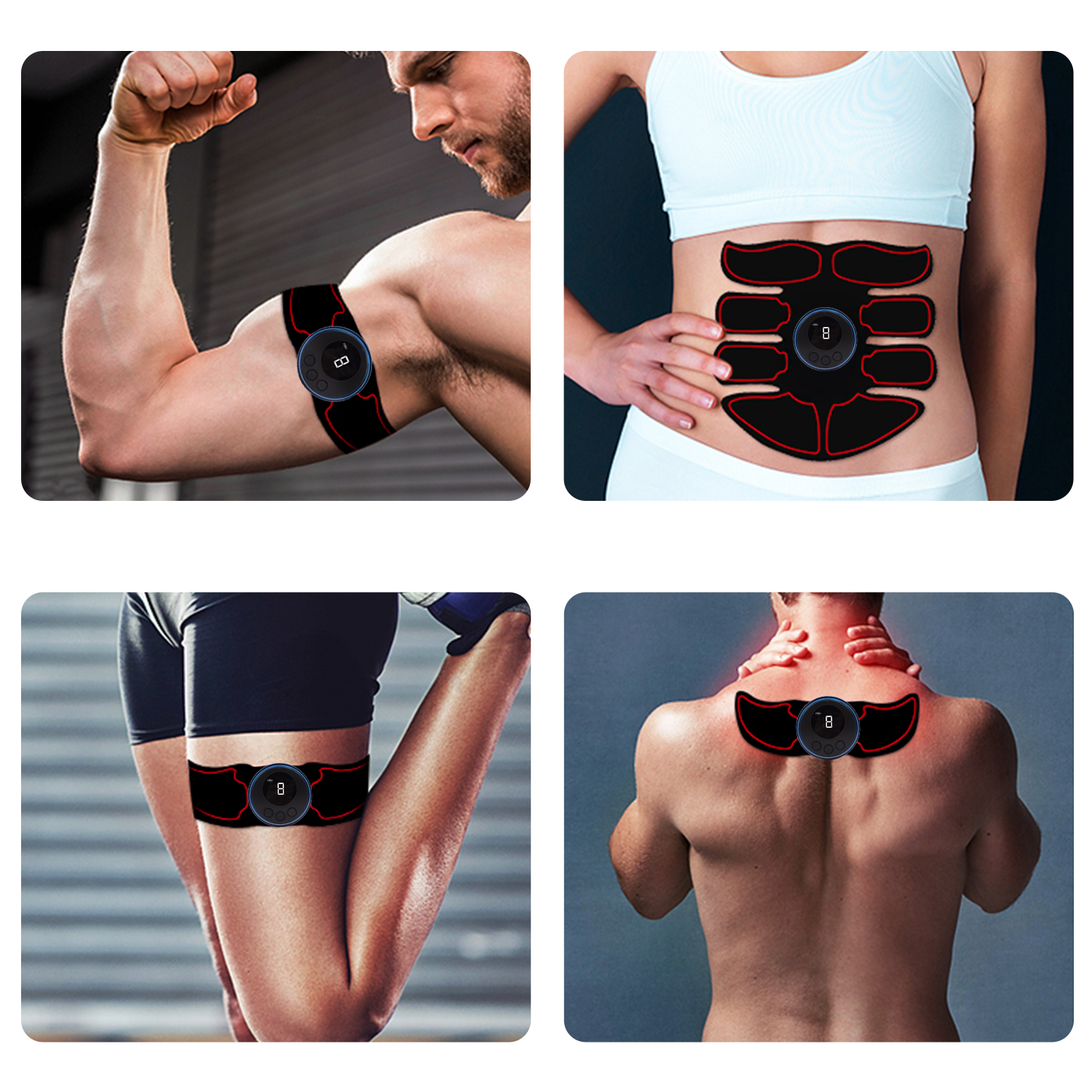 La imagen muestra cuatro partes del cuerpo con estimuladores musculares negros y rojos adjuntos. Cada uno tiene una pantalla con el número 8.