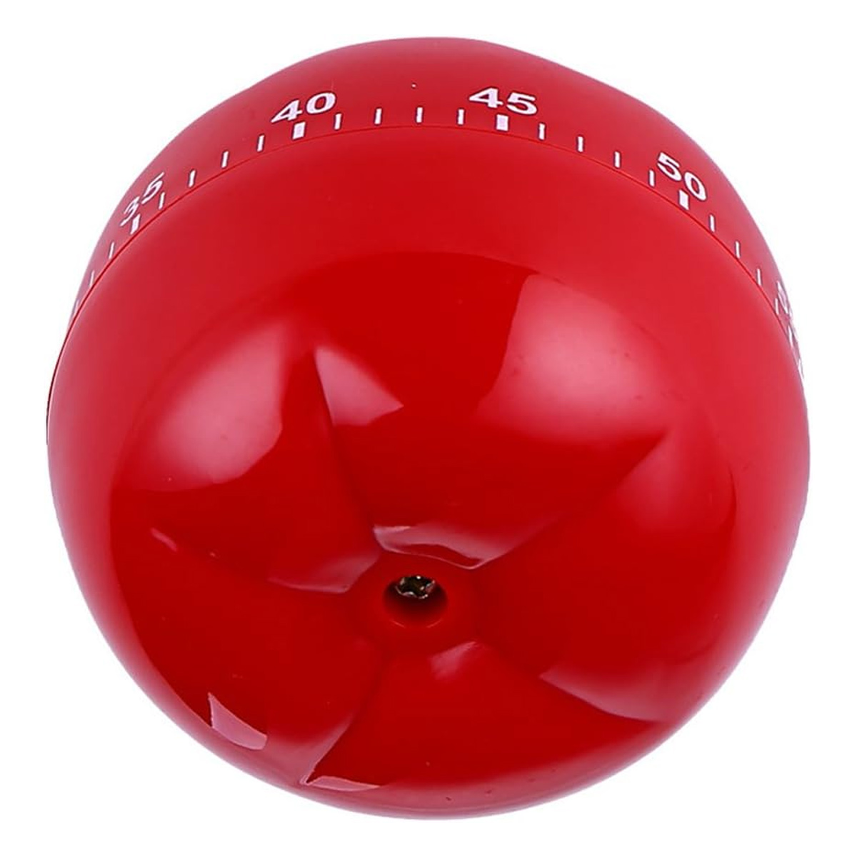 Ein roter Küchentimer, kugelförmig, mit weißen Zahlen. Der Timer ist auf etwa 40 Minuten eingestellt. Die Mitte hat ein kleines Loch.