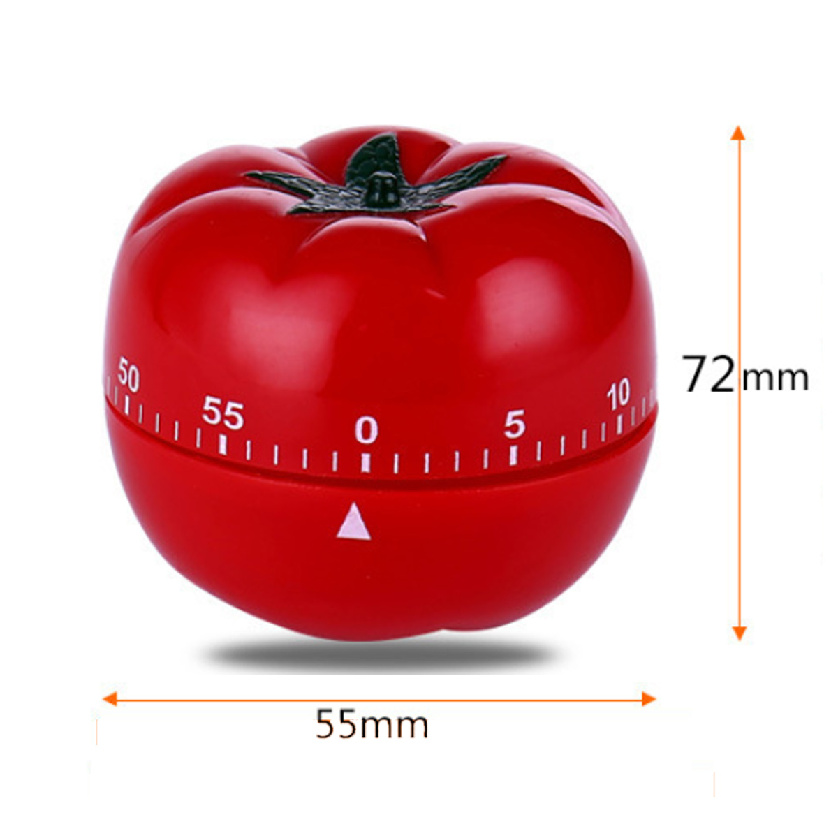 Ein tomatenförmiger Küchentimer. Rot mit weißen Zahlen und Markierungen sowie einem grünen Stiel. Abmessungen sind 55 mm x 72 mm.