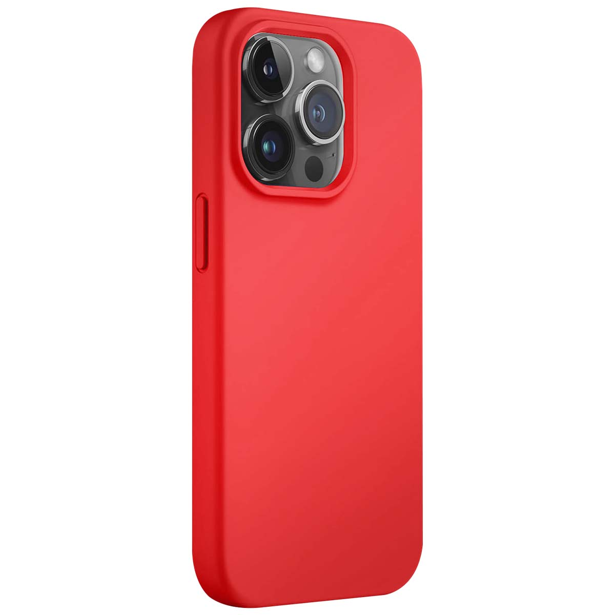 Una custodia rossa per telefono con un modulo fotocamera a tripla lente. La custodia è liscia e copre il corpo del telefono.