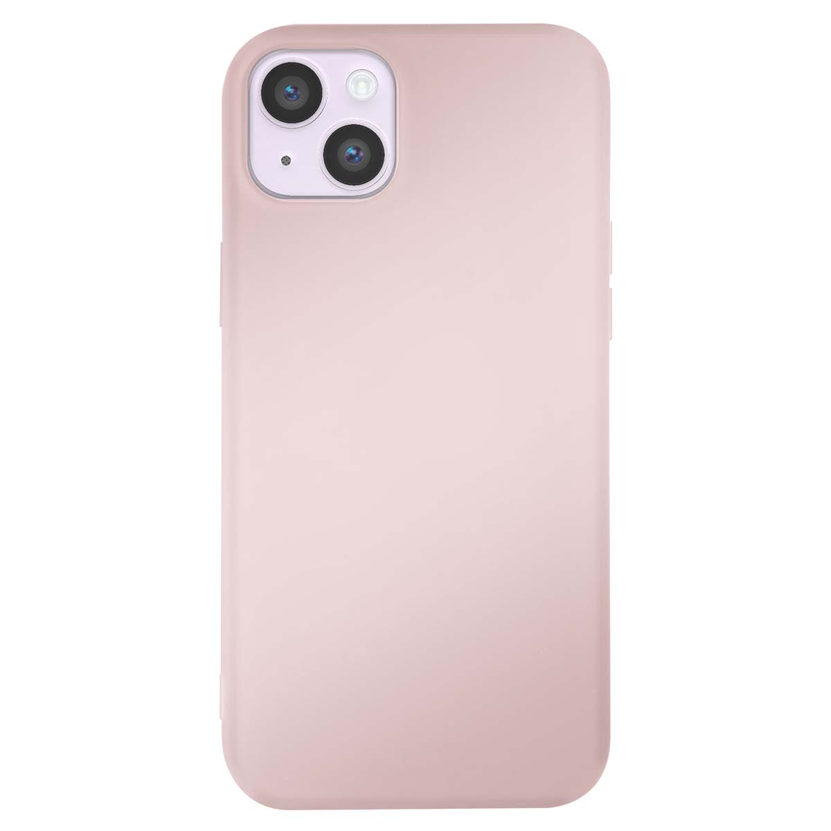 Una custodia rosa per telefono con lenti della fotocamera in alto. La custodia è di un colore rosa pastello, con angoli arrotondati.