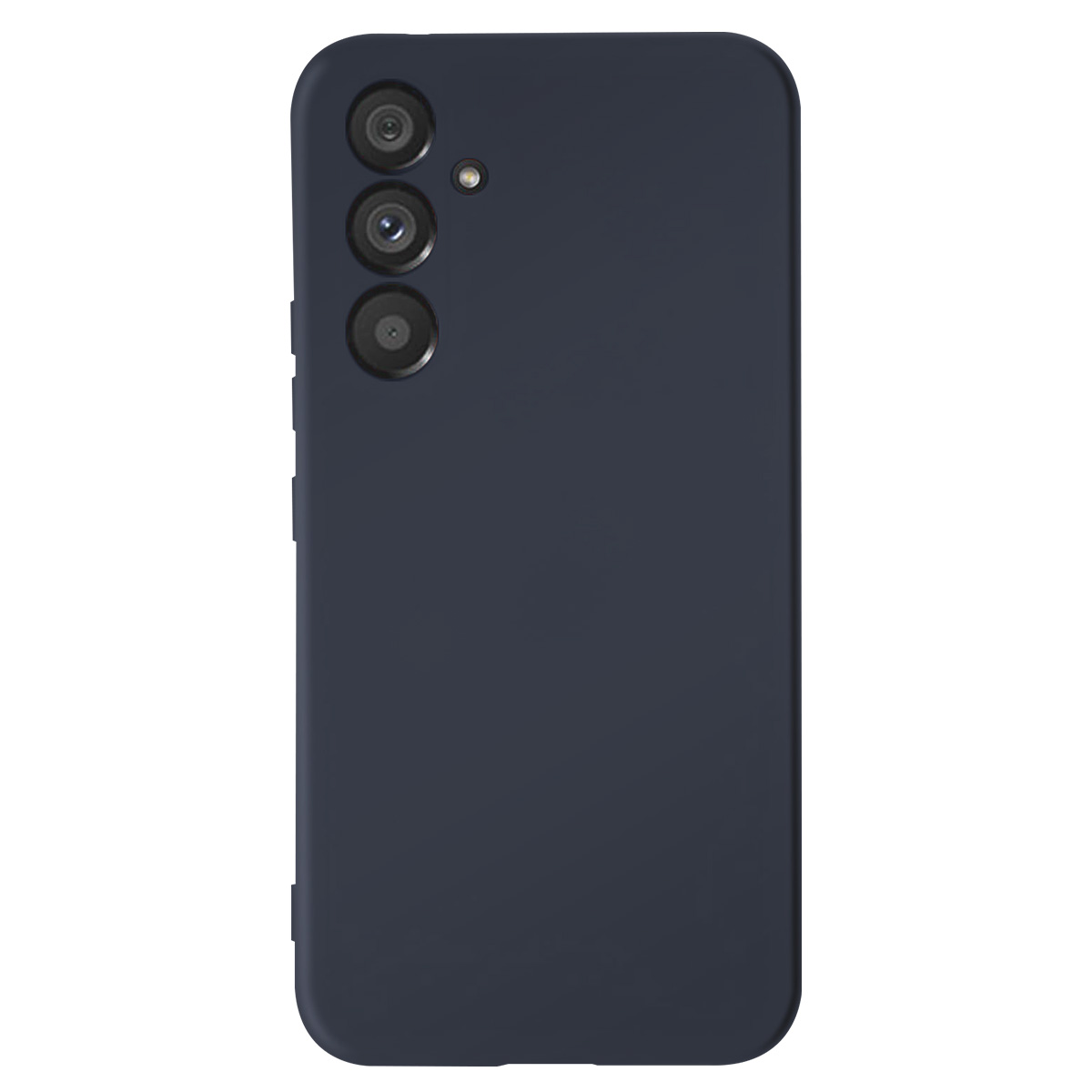Una custodia per smartphone blu scuro. Sono visibili tre obiettivi della fotocamera. La custodia ha angoli arrotondati e pulsanti laterali.