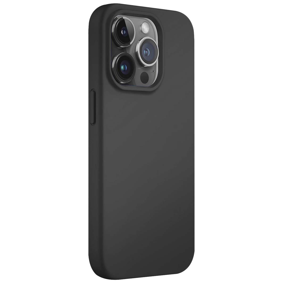 Una custodia nera per iPhone con tre obiettivi. La custodia è solida e gli obiettivi sono visibili in alto a sinistra.