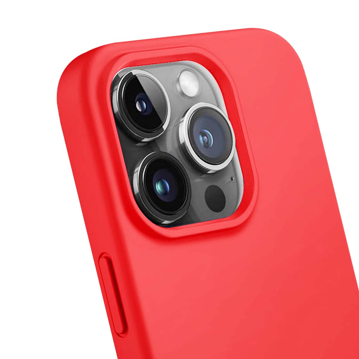 Primo piano di una custodia rossa per telefono con un modulo fotocamera con più lenti. Lo sfondo è bianco.