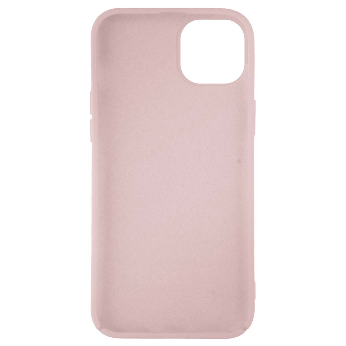 Una custodia per iPhone rosa chiaro con un ritaglio per la fotocamera è centrata. La custodia ha bordi arrotondati e una finitura opaca.
