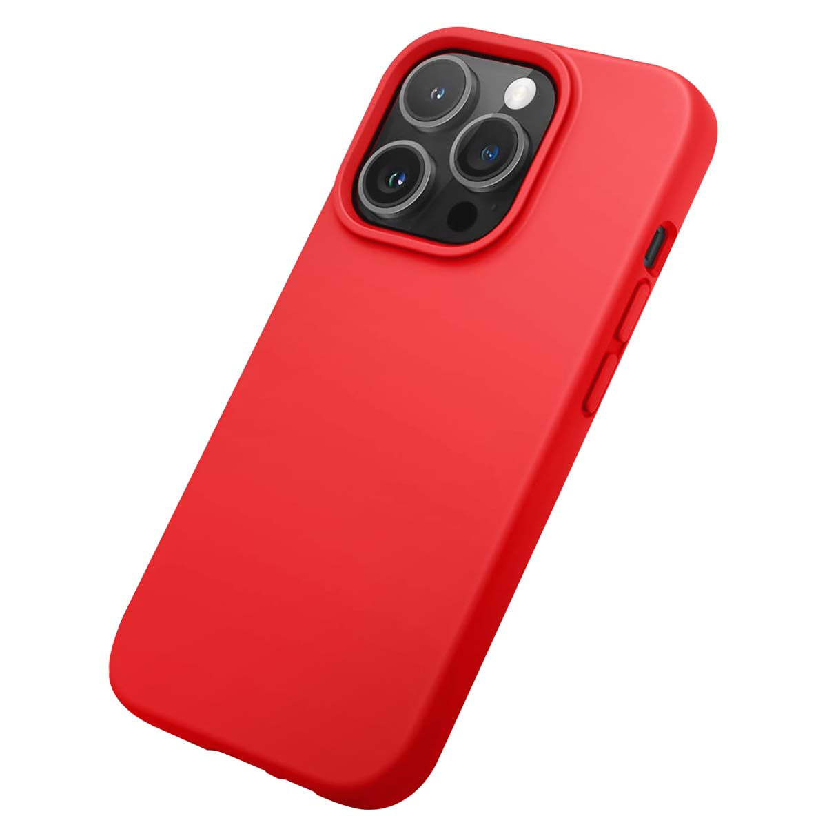 Una custodia rossa per telefono è mostrata in diagonale. La custodia ha un modulo fotocamera nella parte superiore e pulsanti laterali visibili.