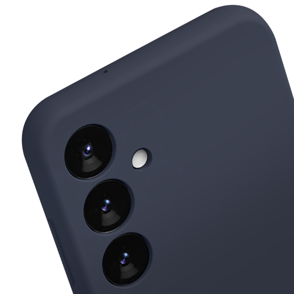 Primo piano del modulo fotocamera di uno smartphone blu scuro. Sono visibili tre lenti e un flash. Lo sfondo è bianco.